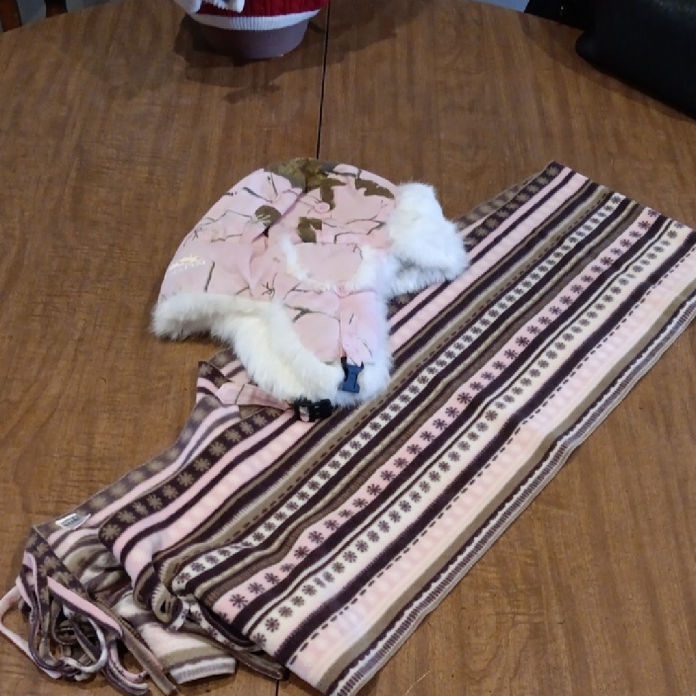Old Navy Pink and Brown Striped Scarf, Yukon Hat, Rabbit Fur